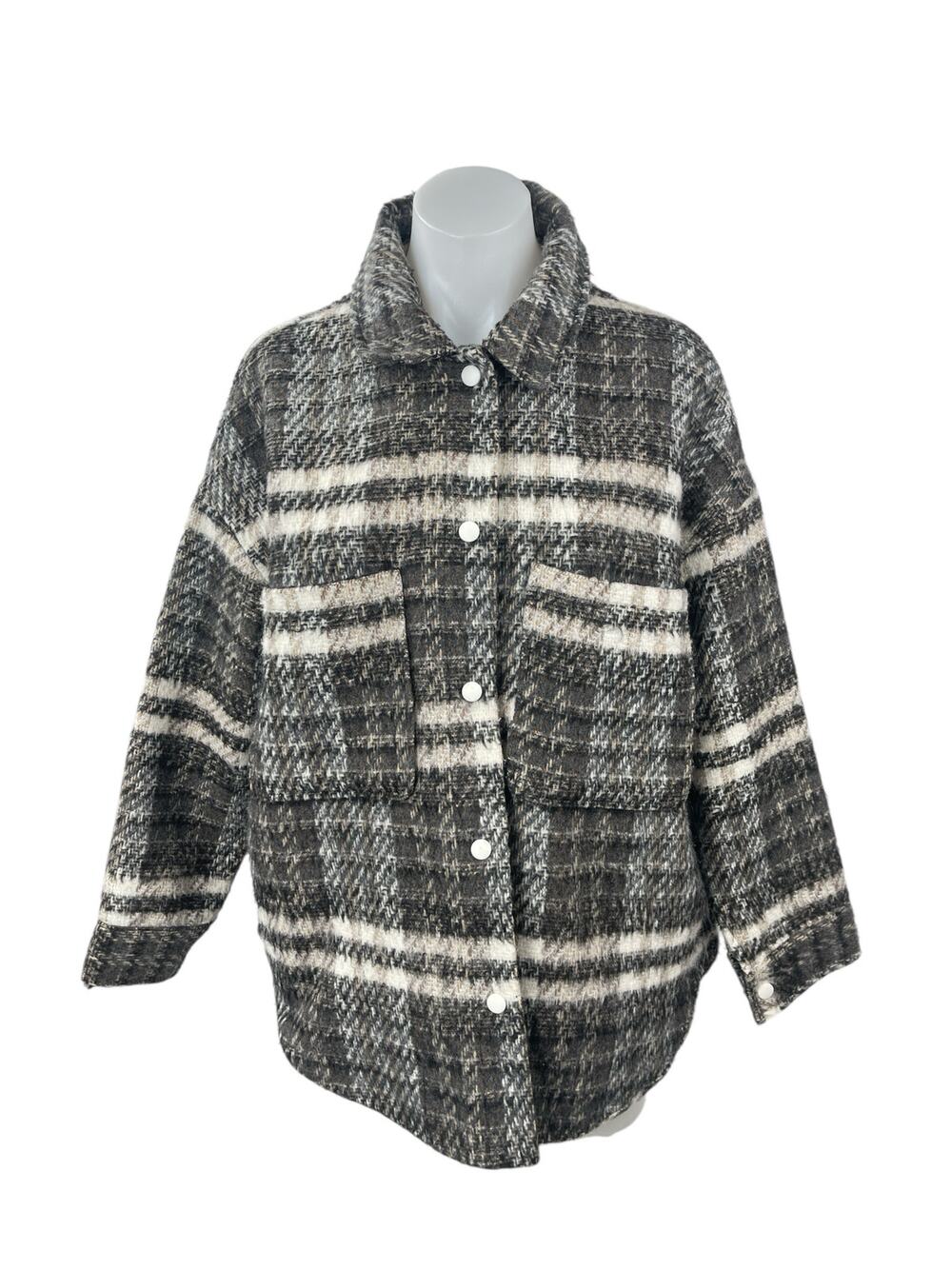 Missguided Gray Wool Plaid Collared Long Sleeve Button Down Shirt Coat Jacket 6